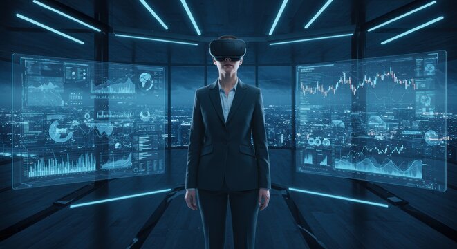 Futuristic businesswoman uses VR to analyze stock market data charts and graphs in a modern office overlooking a vibrant cityscape - Powered by Adobe