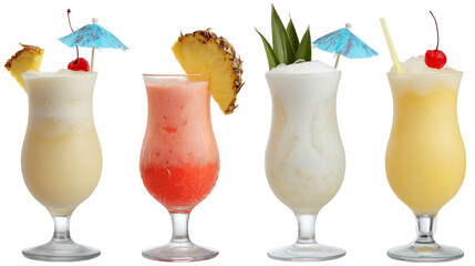 Delicious and refreshing Pina Colada cocktail drink with pineapple garnish and cherry umbrella isolated on white background