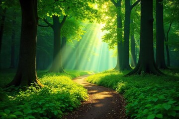 Magical Sun-Dappled Forest Path Ancient Trees, Winding Trail, Lush Greenery, Enchanted Atmosphere