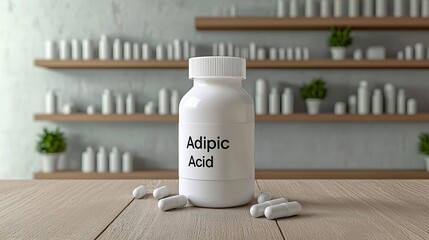 A clearly labeled bottle of Adipic Acid with capsules scattered on a wooden surface, set against a minimalist background.