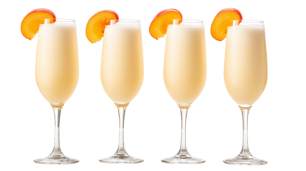  refreshing peach cocktail garnished with peach slice in elegant glasses isolated on white background
