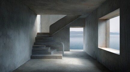 Minimalist concrete interior with a curved staircase leading to an ocean view through a rectangular window.  Sunlight streams in, illuminating the space