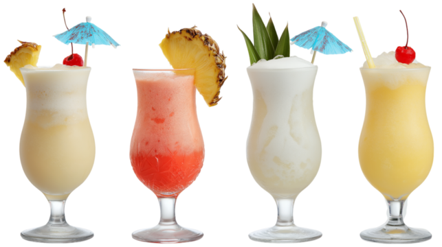Delicious and refreshing Pina Colada cocktail drink with pineapple garnish and cherry umbrella isolated on white background