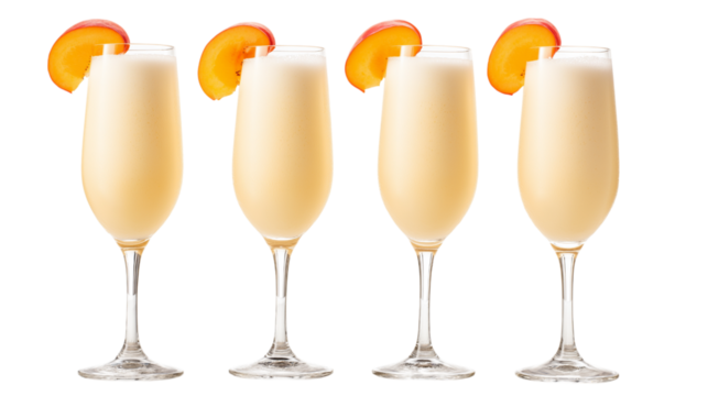  refreshing peach cocktail garnished with peach slice in elegant glasses isolated on white background