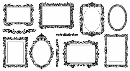 Antique frames and decorative elements in black and white showcase vintage style and ornamental designs for invitations and scrapbooks, silhouette
