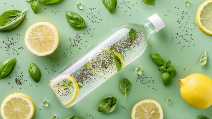 Detox and vitality  a modern flat lay of infused lemon mint water on a vibrant green background