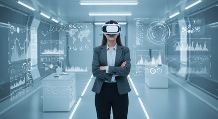 Confident businesswoman wearing VR headset immersed in interactive data visualization in a cutting edge tech lab