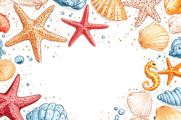 Hand drawn starfish shells crabs and seahorse illustration.