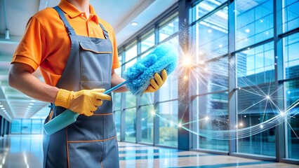 A cleaning professional in a bright orange shirt and gray apron uses a modern duster, with a futuristic digital network effect in the background