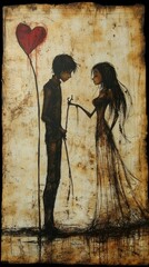 Heartache Couple with red heart in grunge art