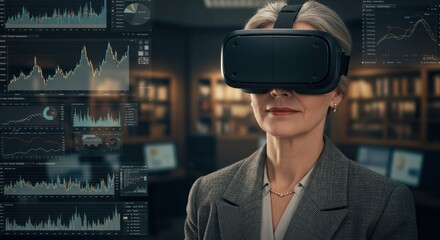 Mature businesswoman using virtual reality headset for financial data analysis and investment insights in modern tech environment