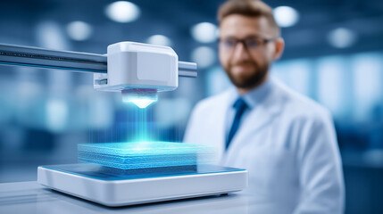 Scientist operates sophisticated 3D printer to create precise models in a modern laboratory. High-tech setting with focused atmosphere. Concept of engineering, technology, innovation