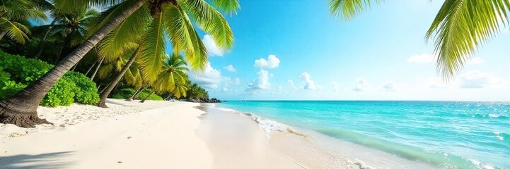 Obraz premium Tranquil Sunrise Beach Scene Turquoise Waters, Soft Sand, Swaying Palms