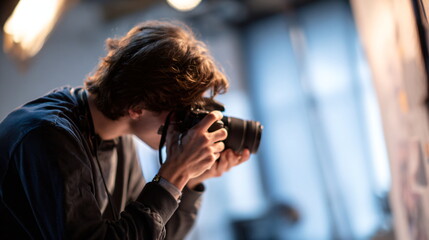 Caucasian man photographer holding camera, capturing moments in studio. Creative work concept for photographer's day.