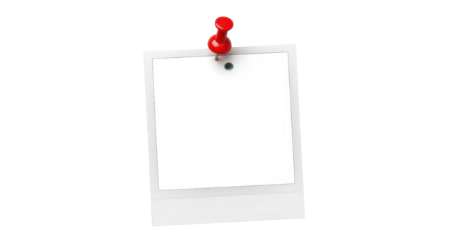 Blank instant photo print with red push pin isolated PNG with Transparent Background