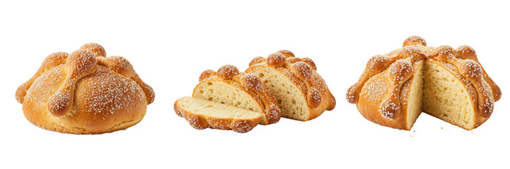 Bread rolls shaped like skulls for Day of the Dead on white background  