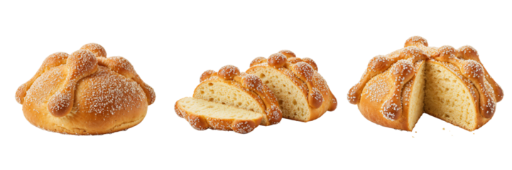 Bread rolls shaped like skulls for Day of the Dead on white background  