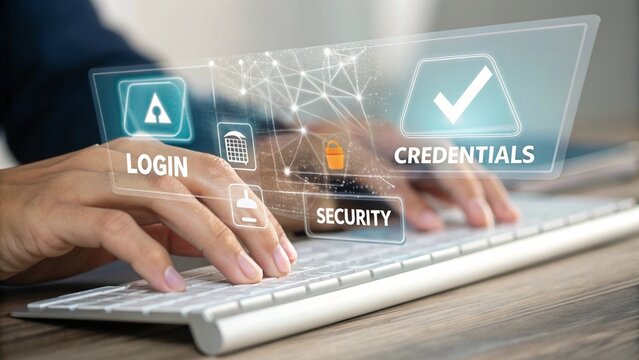 Data protection and access visualized on keyboard as user login, ensuring credential and security management.