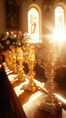Golden chalices gleam in warm light, arranged on a wooden surface near stained glass windows