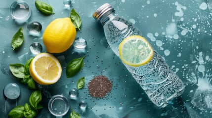Dynamic flat lay of lemon mint infused water bottle on green background with chia seeds and basil
