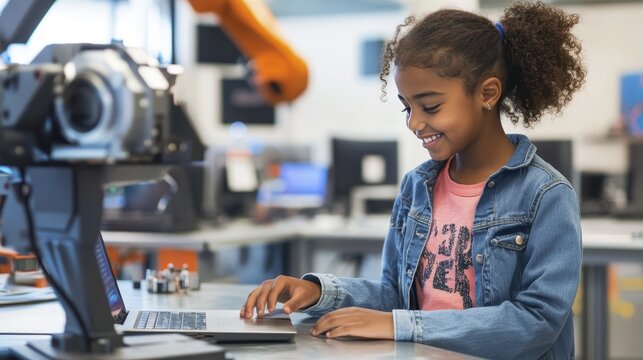Curious young girl exploring robotics in modern classroom technology environment