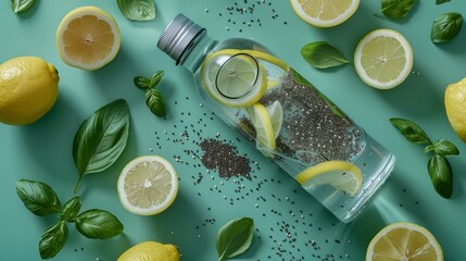 Vibrant flat lay of infused lemon mint water bottle on green background with chia seeds and basil