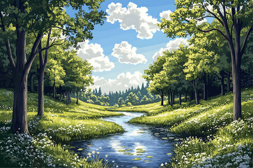 Forest landscape scene during the day with a river flowing through the meadow illustration.