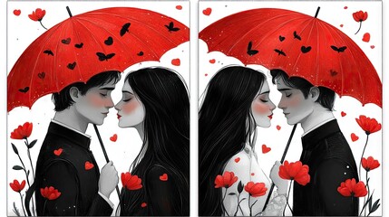 Lovers under a heart-covered umbrella, floral accents, in a grayscale drawing with a red pop of color