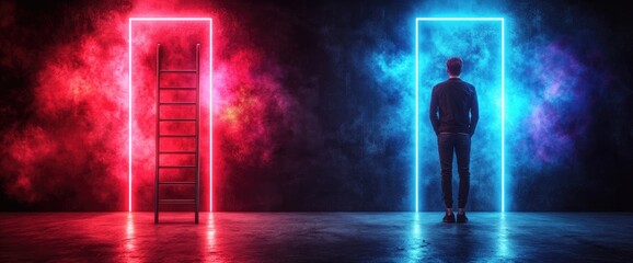 Crossroads Man faces two neon portals, one with ladder, red and blue smoke