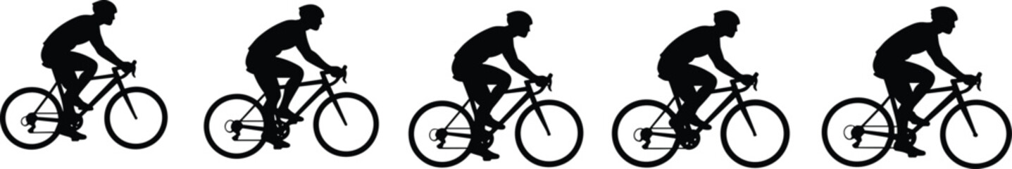 Silhouettes of cyclists riding bicycles in motion, group of men biking, competitive road cycling, outdoor sport vector illustration