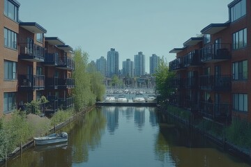 Fototapeta premium A canal is nestled between buildings, reflecting the city beyond, trees dotting the sides