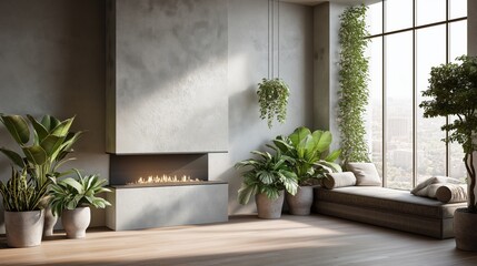 Zen-inspired minimal home with a narrow vertical fireplace in a concrete pillar, natural light and indoor plants.