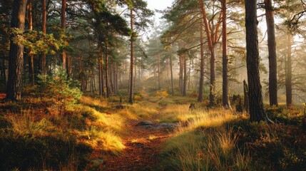 Obraz premium Foggy autumn morning in a pine forest with fallen needles on the trail,