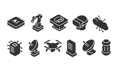 Isometric Technology Icon Set – AI, Robotics, Satellite, Drone, VR, Server, Microchip

