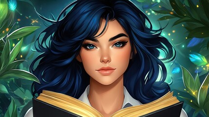 Charming woman with blue hair reads in a vivid, vibrant forest, surrounded by lush foliage