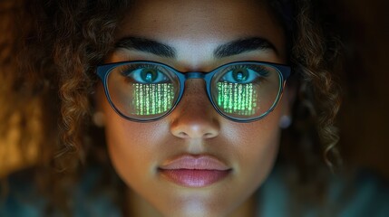 Close up of a girl with glasses on, lit by screen light reflecting. Green matrix code visible