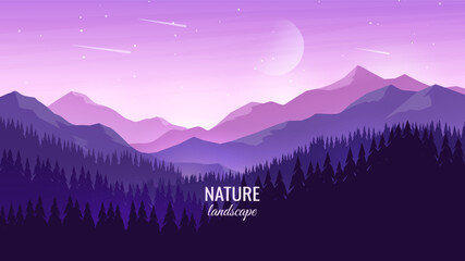 Night landscape. Mountain ranges and hills with forest on a background of colorful sky. Evening twilight. Concept of tourism, hiking, walking. Vector image. © i_mARTy