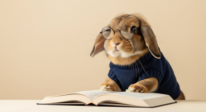 Intelligent and endearing lop-eared rabbit wearing round glasses and a blue sweater, attentively reading a book, showcasing a smart and humorous pet.