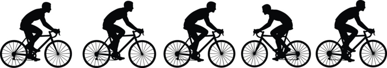 Silhouettes of men riding bicycles in motion, professional cyclists racing, athletic biking, road cycling sport, exercise outdoor vector illustration