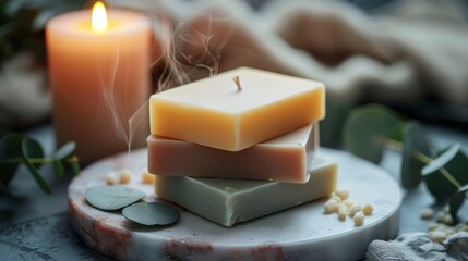 Handcrafted pastel soaps on marble tray with candle and eucalyptus for a relaxing spa ambiance