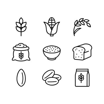 Agriculture grain harvest icons. Outline symbols. Line design