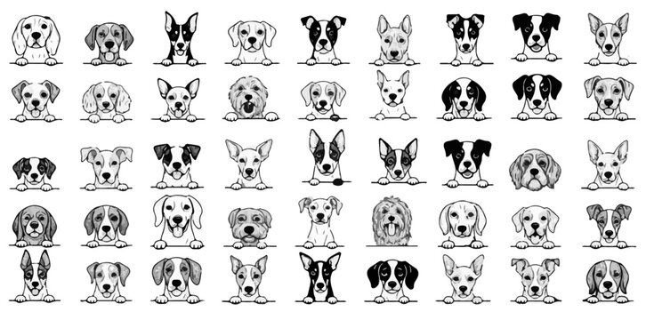 Adorable assortment of dog breeds depicted in minimalist monochrome line art showcase different puppy faces and expressions, silhouette