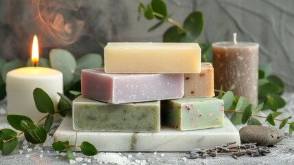 Charming display of handmade pastel soaps with eucalyptus and a candle in a relaxing spa setting