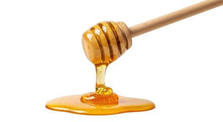 Golden Honey Dripping from Wooden Dipper and Pooling on Isolated White Background