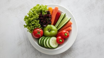 Top view of fresh vegetables and salad bowl on clean white background, diet concept