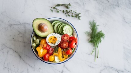 Healthy food bowl with avocado, egg, and vegetables on white marble table, top view