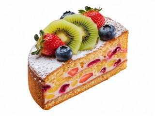 Slice of cake with fruit topping, isolated on white background, realistic food photography