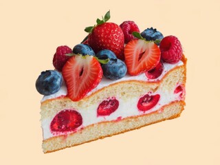 Slice of cake with fruit topping, isolated on white background, realistic food photography