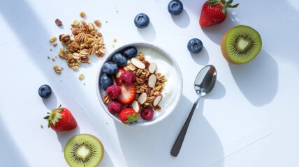 Healthy breakfast flat lay with yogurt, fruits, granola on white table, bright light