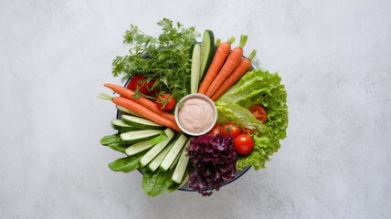 Top view of fresh vegetables and salad bowl on clean white background, diet concept